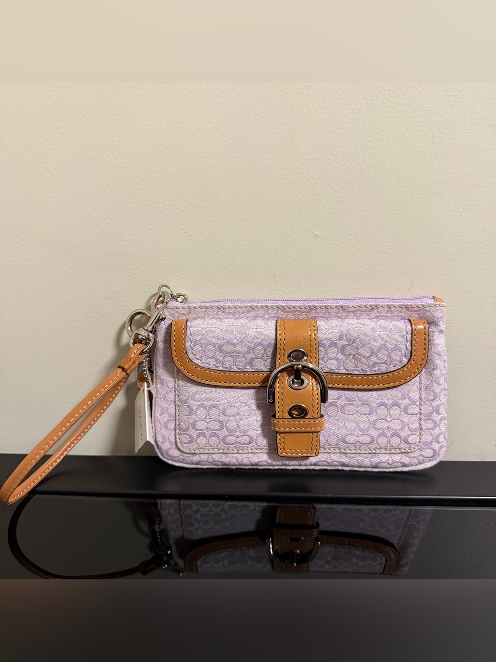 Coach Lavender Soho Signature Buckle & Canvas Wristlet with Tan Leather Trim